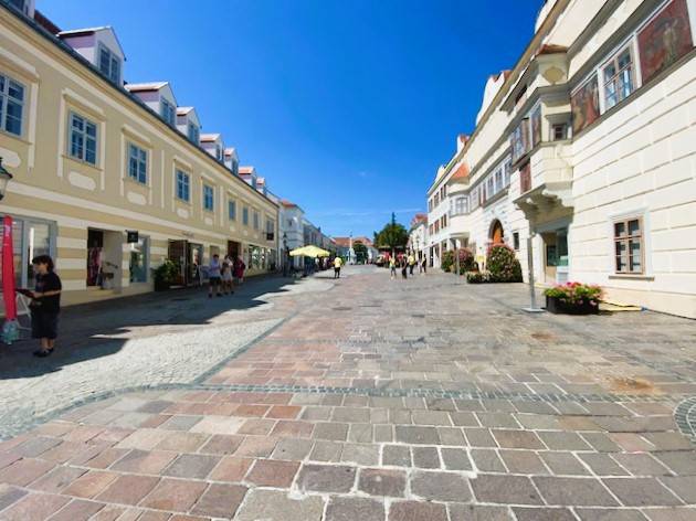 The main street in Eisenstadt is lined with commercial spaces featuring historical architecture and cobblestones.
