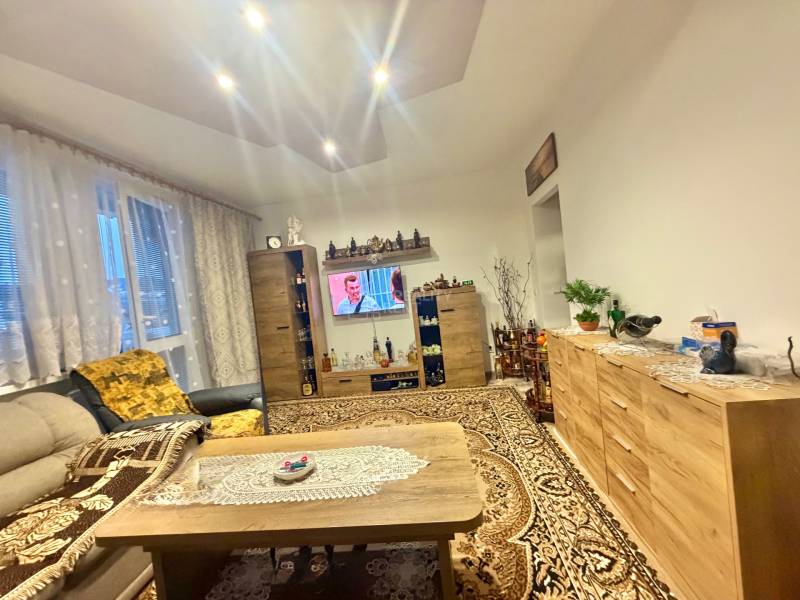 Living room in a two-room apartment with a tasteful armchair, television, and carpet, floor with wooden decor.