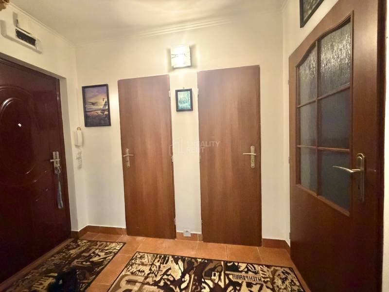 Entrance hallway in a 2-room apartment with a wooden decor floor and three doors.