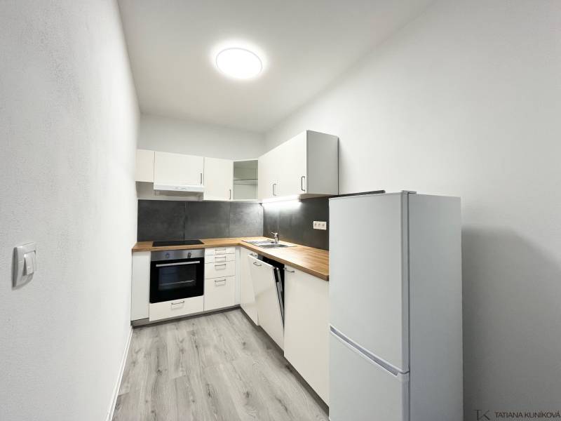 A kitchen in a studio apartment with black tiles and a floor with a wooden decor.