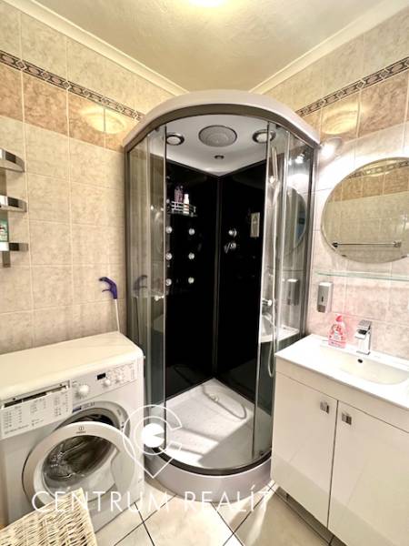 A bathroom in a studio apartment with a shower, a sink, and a washing machine.
