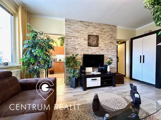 A living room in a studio apartment with plants and a wooden decor floor.