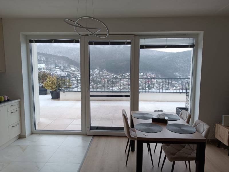 Dining area in a 2-room apartment with a view of snow-covered hills and a terrace.