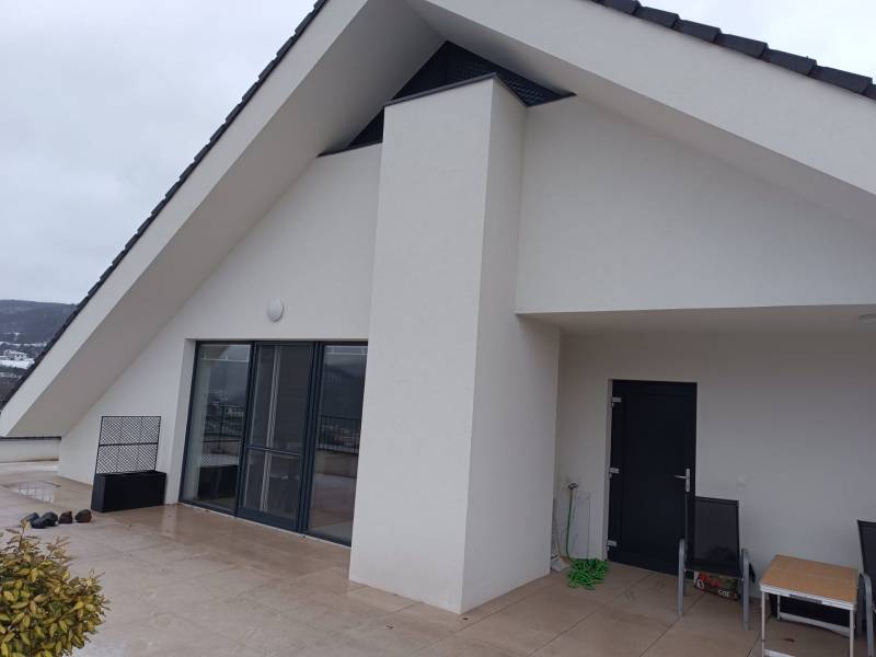 Terrace with white walls and large doors, Nová Baňa, Pod sekvojou Street.