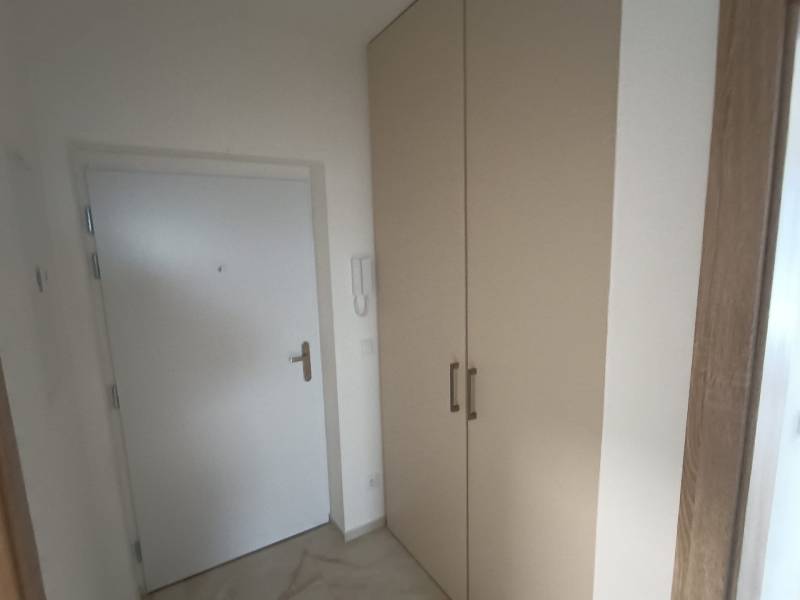 Entrance hallway with white doors and a large wardrobe in a 2-room apartment.