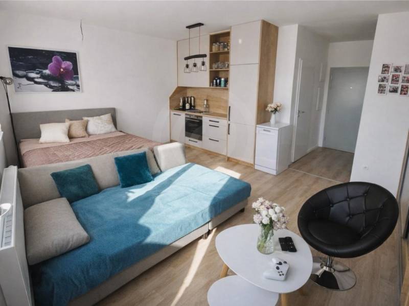 A one-room apartment with a bed, a sofa, a kitchenette, and a floor with a wooden decor.