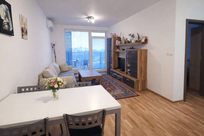 Living room in a two-room apartment with a wooden decor floor and a balcony.