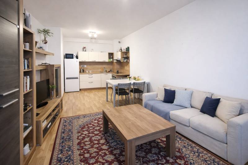 Living room with a kitchenette in a 2-room apartment, floor with a wooden decor.