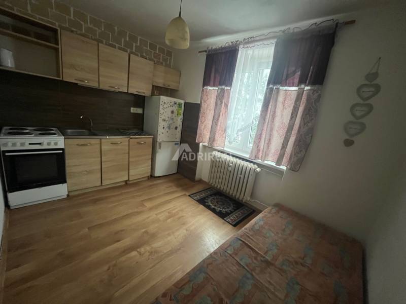 A kitchen unit with a wooden decor in a studio apartment, includes a stove and a refrigerator.
