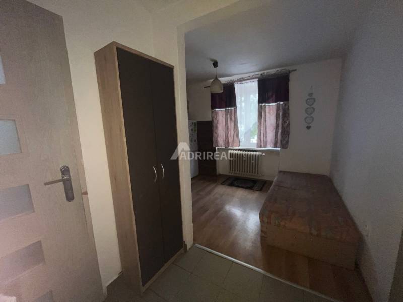 In a 1-room apartment, you can see a floor with a wooden decor, a bed, and a wardrobe.