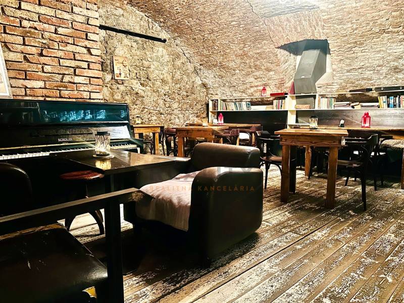 Interior with brick walls, piano, and bookshelf, wooden decor flooring, gastro spaces.