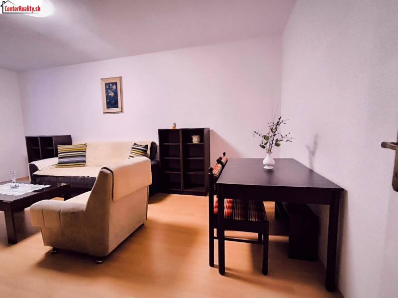 Living room in a two-room apartment with a wood-patterned floor, light couch, table.