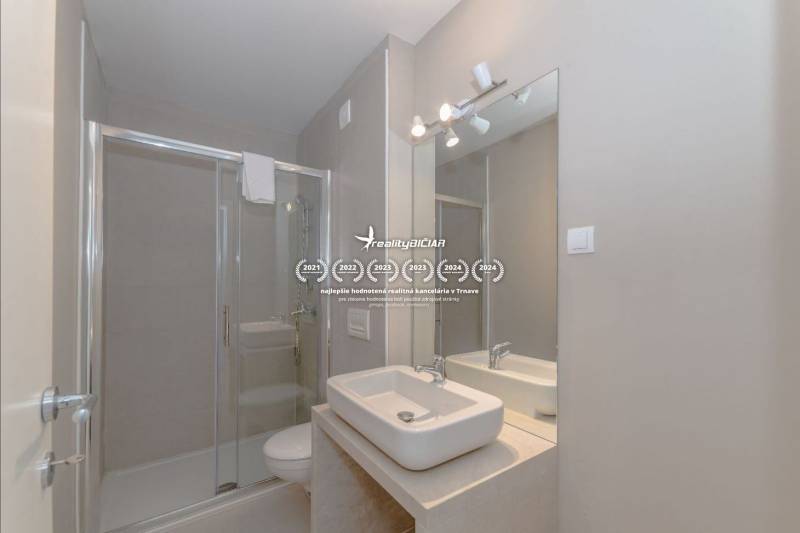 A bathroom in a holiday apartment with a sink, shower, and large mirror.