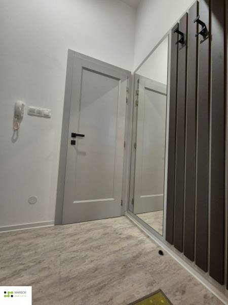 Interior part of a 1-room apartment with a coat rack and white doors on a floor with a wooden decor.