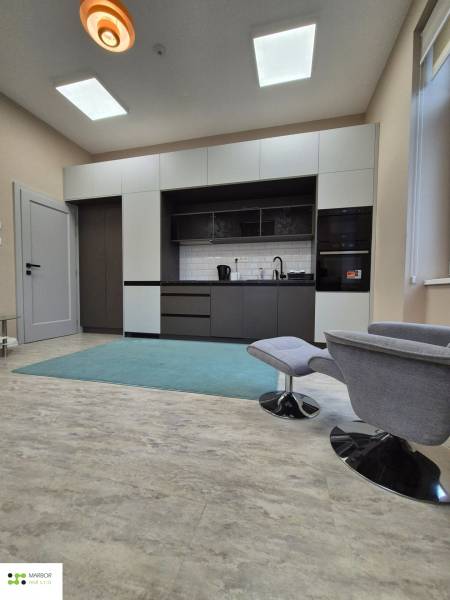 Kitchen in a studio apartment with a wood-patterned floor and a comfortable armchair.
