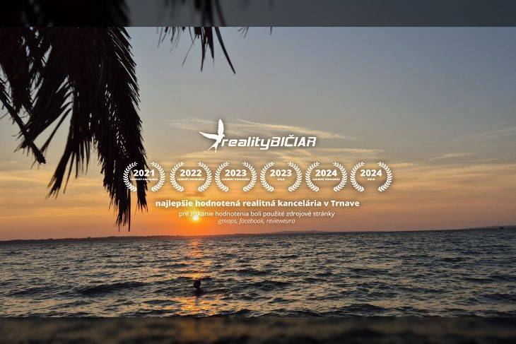 Sunset over the sea, palm leaves in the foreground, appreciating signs for real estate.