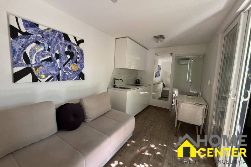 Living room of a family house with a sofa, kitchen unit, and decorative art on the wall.