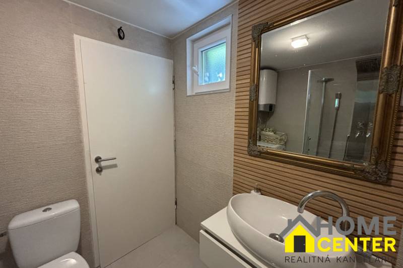 A bathroom in a family house with a sink, a mirror, and a shower enclosure.