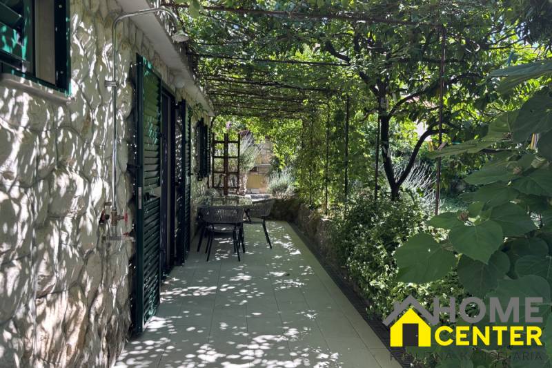 A terrace of a family house on the island of Čiovo, covered with vines, with a shower and garden furniture.