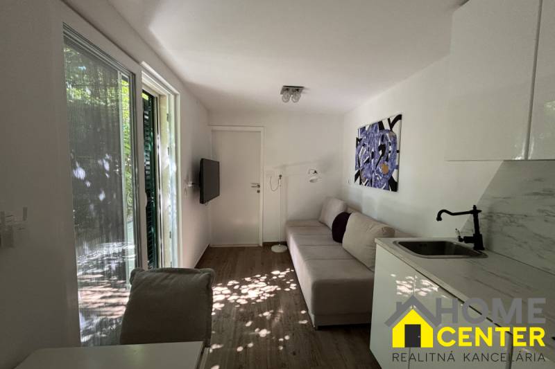 Interior of a family house with a sofa, decorative painting, and kitchen unit.