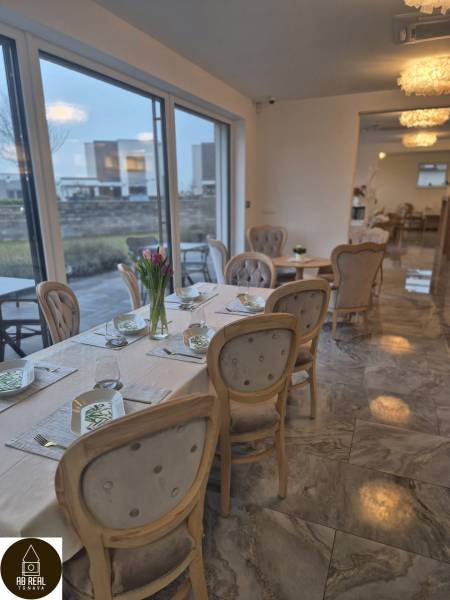 Cozy dining spaces with elegant table settings, flowers, and large windows.