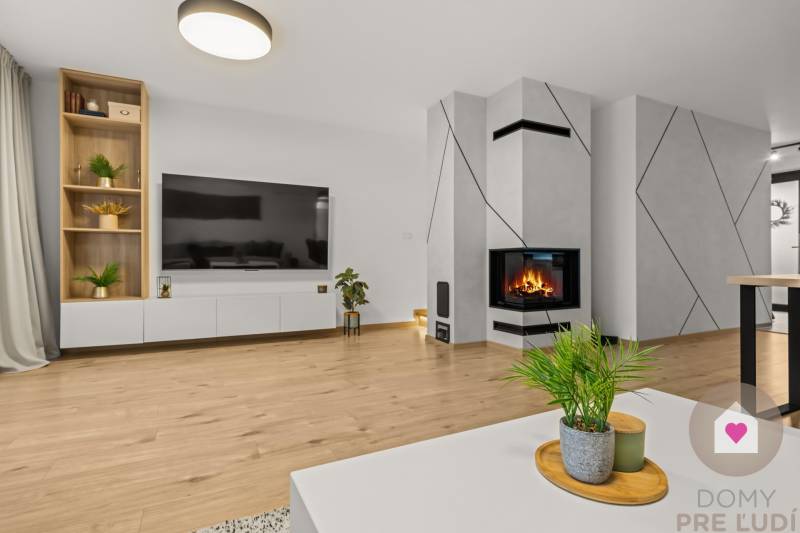 Living room in a 4-room apartment with a fireplace and a wooden decor floor.
