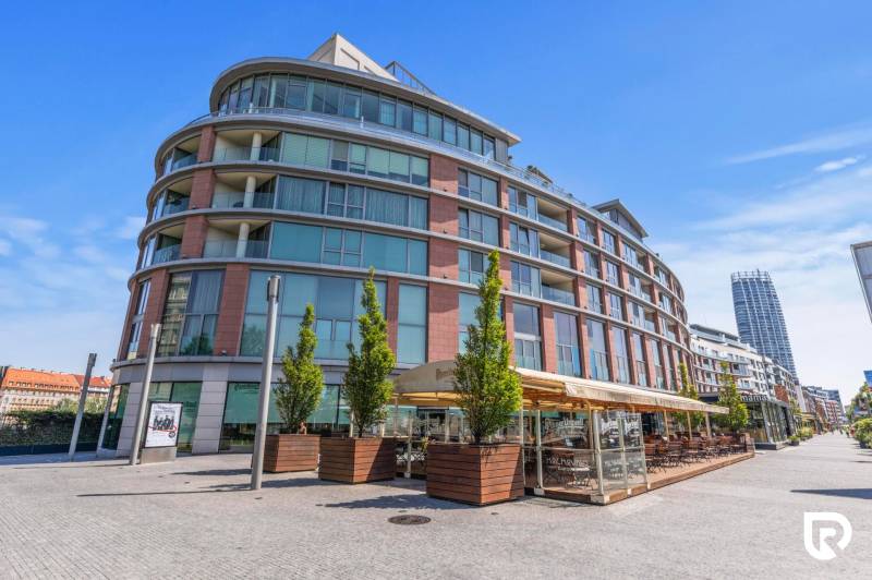 A building with modern architecture and a terrace on Pribinova Street in Bratislava, Old Town.