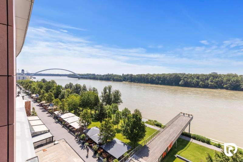 View from Pribinova Street to the Danube and Apollo Bridge in Bratislava, Old Town.