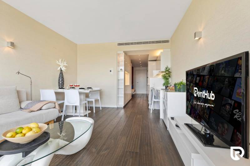 Living room with wood-patterned flooring, dining table, and television in a two-room apartment.