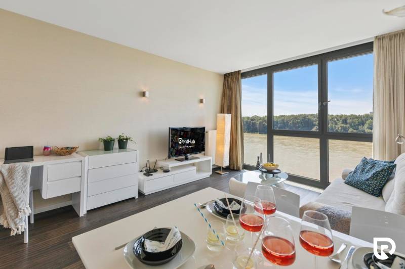 Living room in a two-room apartment with a view of the river and a floor with a wooden decor.