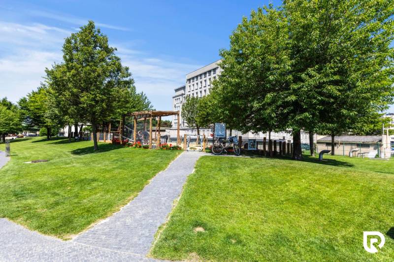 Greenery and benches in the city park on Pribinova Street, Bratislava - Old Town.