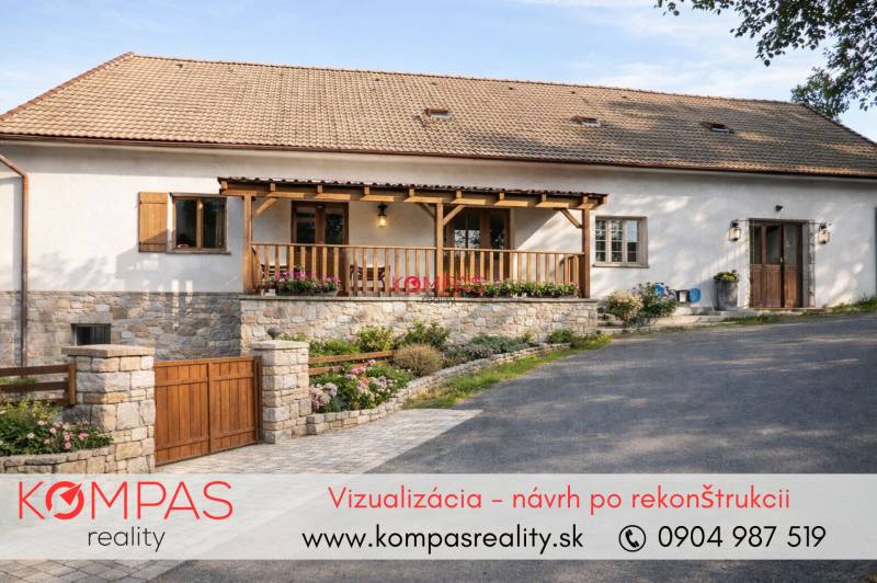 A family house with a gable roof and a stone wall in the village of Vígľašská Huta-Kalinka.