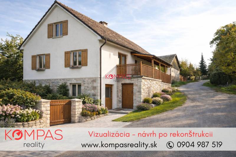 A stone family house with wooden shutters in commercial premises in Vígľašská Huta-Kalinka.