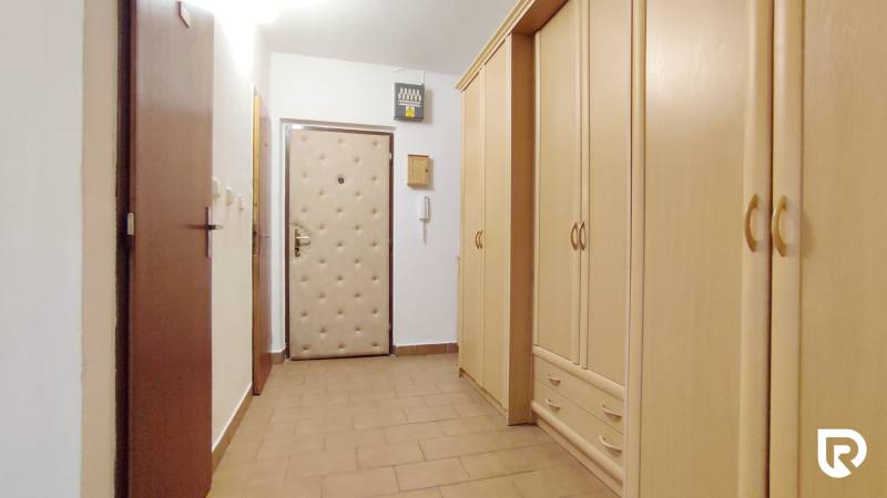 A hallway in a 2-room apartment with a large wardrobe and security door.