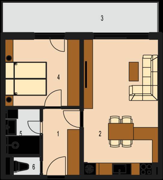 Floor plan of a 2-room apartment with a balcony, living room, kitchen, bedroom, bathroom, and toilet.