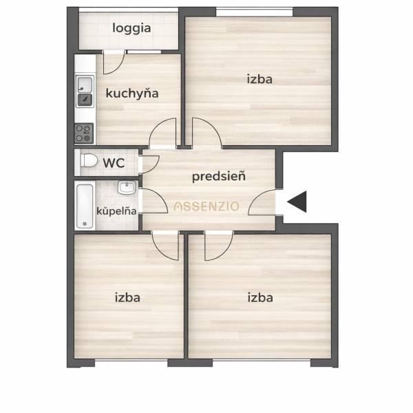 Floor plan of a 3-room apartment with an entrance hall, loggia, and wooden decor flooring.