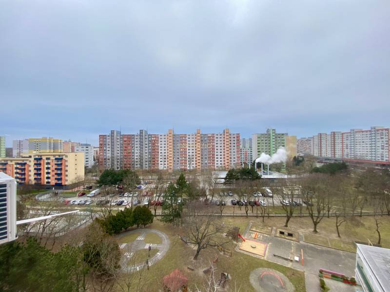 Petržalka, Gessayova: View of the housing estate with high-rise apartment buildings and a park in Bratislava.