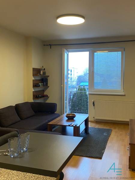 Living room in a two-room apartment with a sofa, table, and floor with wooden decor.