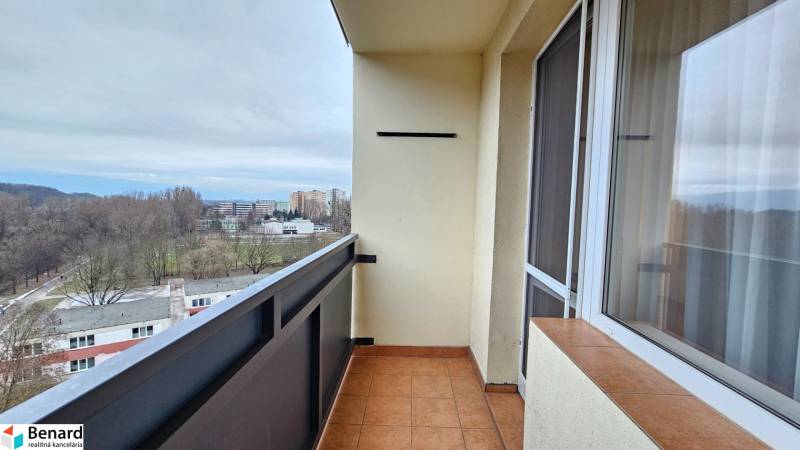 A balcony with a view of greenery and the city skyline from a studio apartment.