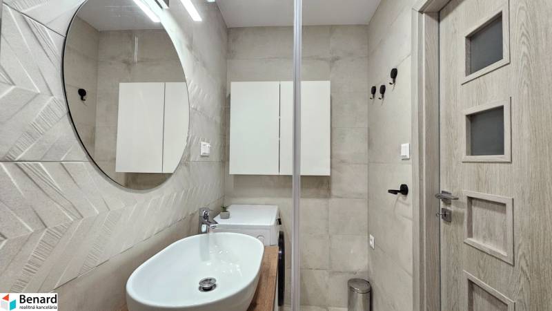 Bathroom with a mirror, sink, and washing machine in a studio apartment.