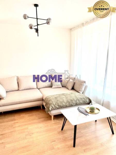 Living room in a 3-room apartment with a sofa, table, and wooden decor flooring.