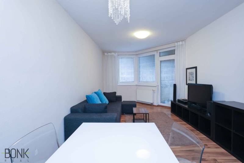 Living room of a 2-room apartment with a couch, television, and floor with a wooden decor.