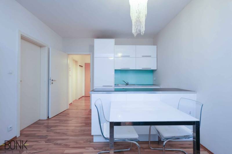 The kitchen of a two-room apartment with white cabinets, a blue backsplash, and a wood-patterned floor.