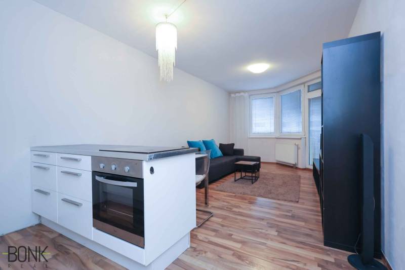 Kitchen corner and living room in a 2-room apartment with a stove and a sofa.