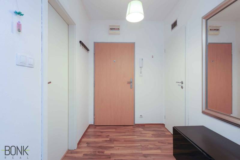 Entrance hall of a 2-room apartment with a wooden decor floor and a mirror.
