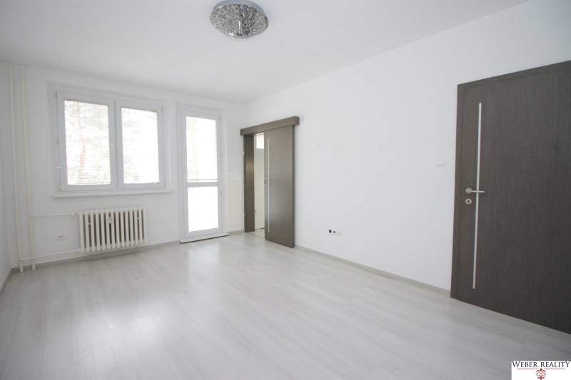 A bright room in a 3-room apartment with wood-patterned flooring and large windows.