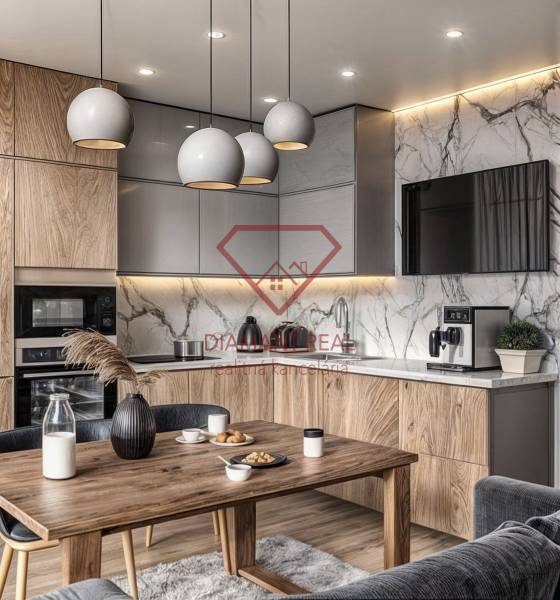 A kitchen in a 3-room apartment with a wooden decor floor and marble walls.