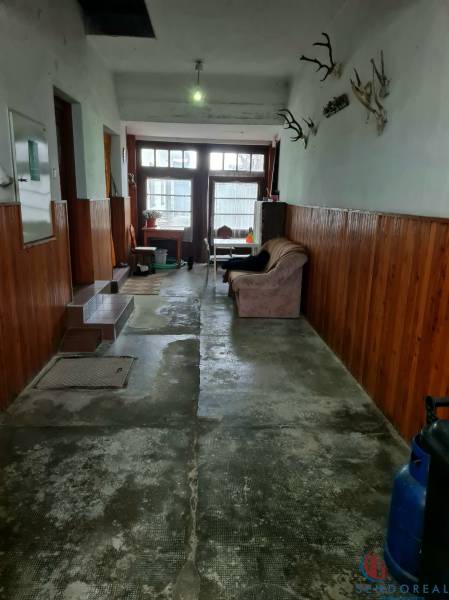 A hallway in a family house with simple furniture, a wall with wood paneling, and hunting trophies.
