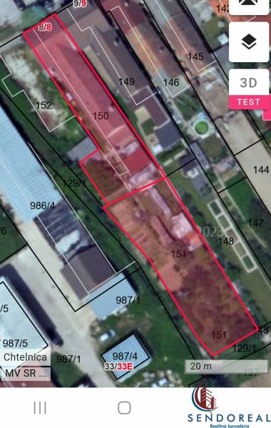 An aerial map captures a family house with a plot on 1st May Square in Chtelnica.