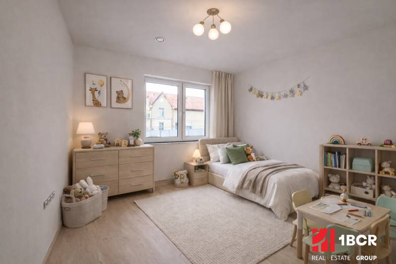 Children's room in a family house with a wooden decor floor and soft lighting.